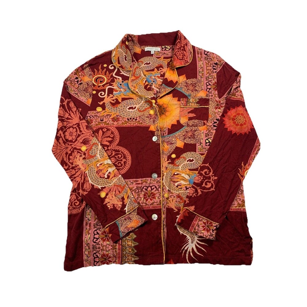 JOHNNY WAS Dragonia Longsleeve Whimsical Red Dragon Pajama Shirt Size M